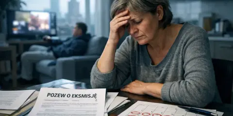 Zmartwiona kobieta pochyla się nad dokumentami, na których widnieje napis "POZEW O EKSMISJĘ". Zastanawia się, ile trwa eksmisja z mieszkania.