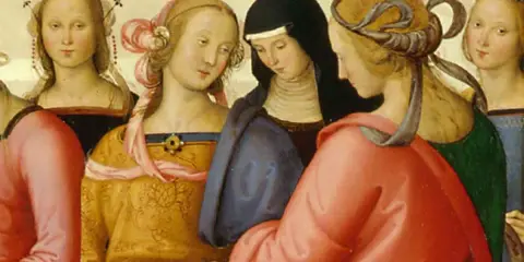 Dettaglio da "Lo sposalizio della Vergine" di Raffaello e Perugino: donne con abiti colorati e acconciature elaborate.