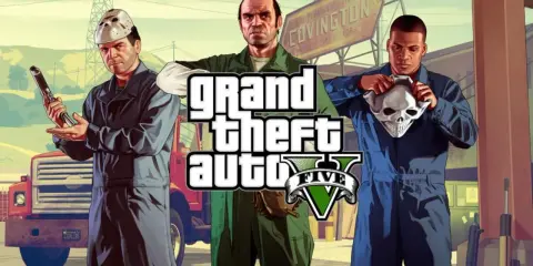 Los tres protagonistas de GTA 5, listos para el lanzamiento del juego, con máscaras y armas.