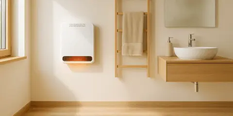 Chauffage salle de bain mural blanc diffusant une douce chaleur orangée. Un porte-serviettes en bois et un lavabo complètent l'ensemble.