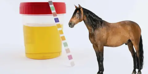 Urinprobe eines Pferdes mit Teststreifen. Die Farbe des Urins ist gelb, nicht dunkler Urin.
