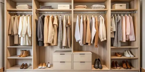Interior de armario empotrado con ropa colgada y doblada, y zapatos en estantes.