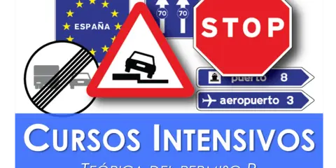 Cursos intensivo teórico coche. Señales de tráfico: STOP, prohibición, peligro, dirección puerto y aeropuerto.