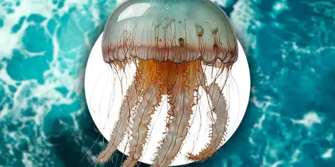 Una medusa trasparente con lunghi tentacoli fluttua nell'acqua turchese. Un promemoria di quando ci sono le meduse in mare.