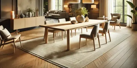 En ljus matta under ett träbord med stolar, perfekt för familjens middagar.