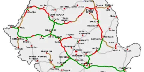 Mapa drogowa Rumunii z zaznaczonymi miastami i trasami. Wjazd do kraju od zachodu, przez Nădlac i Arad.