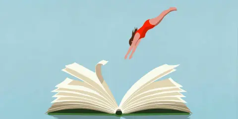 Una persona in costume da bagno rosso si tuffa in un libro aperto, simbolo di avvincenti libri che ti trasportano in mondi fantastici.