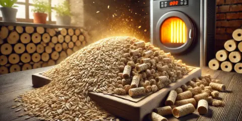 Góra owsa i pelletu obok pieca. Odkryj potencjał wartości opałowej owsa jako ekologicznego paliwa.
