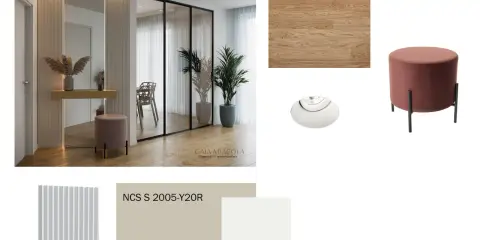 Tonalità tortora per pareti cucina: un moodboard con campioni di colore, parquet e pouf rosa antico.