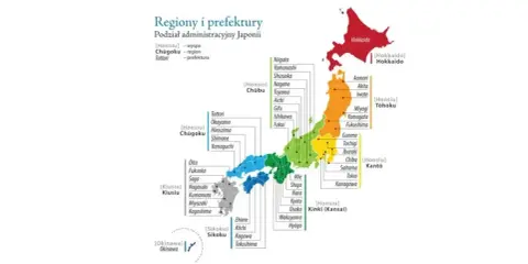 Kolorowa mapa Japonii z podziałem na regiony i prefektury. Widoczne wyspy Honsiu, Hokkaido, Kiusiu, Sikoku i Okinawa.