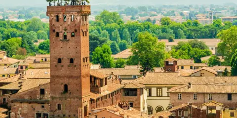 Torre Guinigi con alberi in cima, un'icona di Lucca. Perfetta per scoprire cosa vedere a Lucca in 2 giorni, con vista sui tetti e il verde della città.