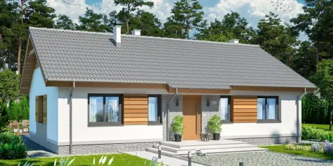 Tani dom w budowie z szarym dachem, białymi ścianami i drewnianymi elementami. Przed domem zadbany ogród i podjazd.