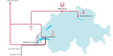 Karte zeigt TGV Verbindungen von Paris über Dijon, Genf und Lausanne nach Zürich und Basel. Eine weitere Linie führt von Paris nach Marseille.