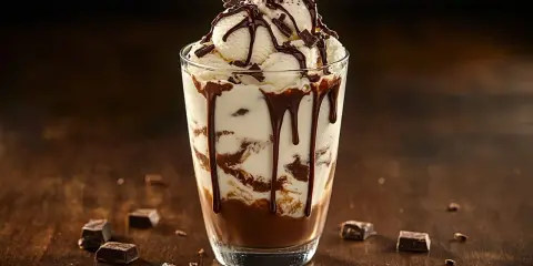 En läcker chokladig mudslide drink med glass, chokladsås och strössel.