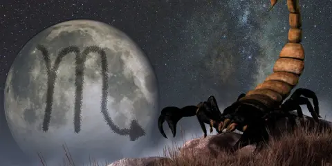 Skorpion na tle księżyca z symbolem zodiaku i rozgwieżdżonego nieba. Tajemniczy ascendent w skorpionie.