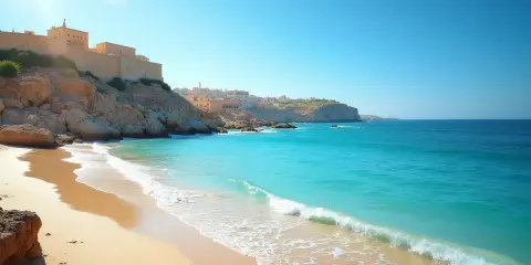 Piękna plaża z turkusową wodą i klifami, na których widać zabudowania. Czy to Cypr czy Malta? Trudno odróżnić te rajskie widoki.