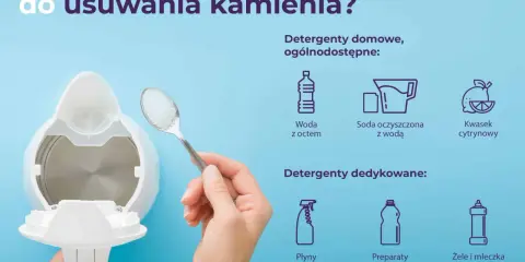 Ręka wsypuje sól do czajnika, pokazując domowe sposoby na usuwanie kamienia. W tle grafiki z innymi środkami.