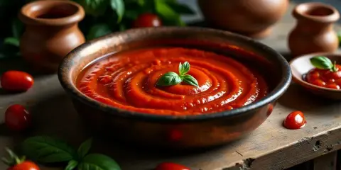 Gęsty, aromatyczny sos do pizzy w misce, ozdobiony listkiem bazylii. Wokół świeże pomidorki i gliniane naczynia.