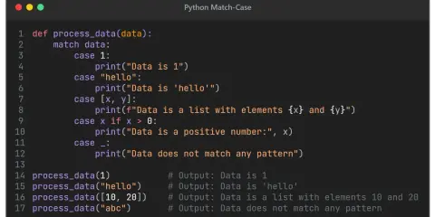 Kod Pythona demonstrujący `python switch` (match-case) do przetwarzania danych, z przykładami dla liczb, stringów i list.