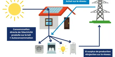 Schéma illustrant l'autoconsommation : le soleil alimente une maison avec panneaux solaires. L'électricité produite est consommée directement ou réinjectée sur le réseau.