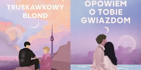 Dwie okładki książek Edyty Prusinowskiej. Na jednej para siedzi na skale, na drugiej obejmuje się. Opowiem o tobie gwiazdom.