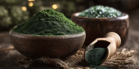 Grünes Pulver in Holzschalen und Löffel. Das ist Spirulina, ein nährstoffreiches Superfood.