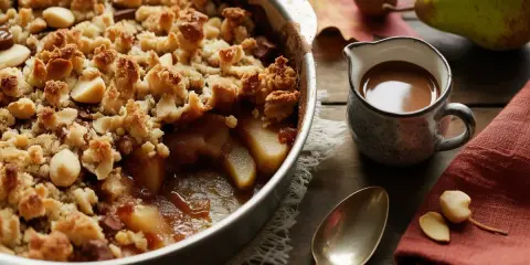 Un délicieux crumble poire chocolat, garni de noix et de morceaux de chocolat, prêt à être dégusté avec une sauce onctueuse.