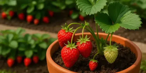 Fragole mature e verdi in vaso, pronte per essere raccolte. Un buon inizio per capire come conservare le fragole fresche.
