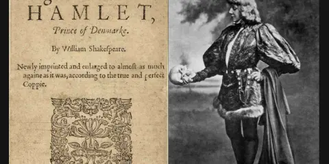 Strona tytułowa "Hamleta" Szekspira i Sarah Bernhardt jako Hamlet, trzymająca czaszkę. To streszczenie dzieła.