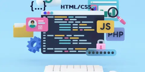 Kreatywny frontend: kod HTML/CSS, JS, PHP, chmura, lupa, klawiatura i myszka symbolizują tworzenie stron internetowych.