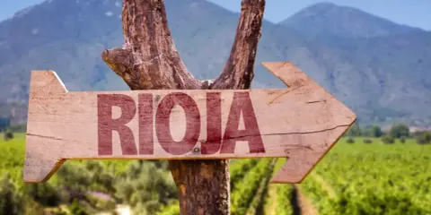 Flecha de madera rústica indica "RIOJA" hacia un paisaje de viñedos, evocando el encanto del medoc alavés.