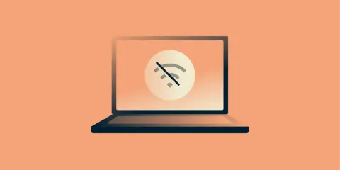 Laptop z ikoną braku połączenia Wi-Fi. Dowiedz się, jak sprawdzić kartę sieciową, gdy internet nie działa.