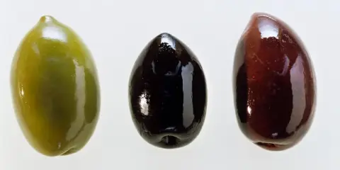 Tres aceitunas: verde, negra y morada. Cada una es una fuente de aceitunas nutrientes, esenciales para una dieta equilibrada.