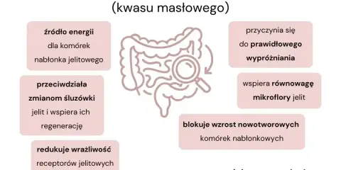 Maślan sodu: źródło energii dla komórek jelitowych, wspiera prawidłowe wypróżnianie i równowagę mikroflory. Działa przeciwzapalnie i blokuje wzrost komórek nowotworowych.