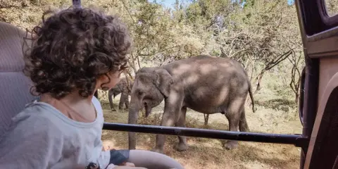 Bambini in safari in Sri Lanka osservano elefanti nella savana. Un'avventura indimenticabile per tutta la famiglia.
