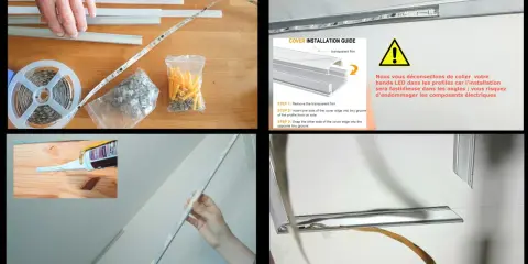 Guide pour comment installer un ruban led : profilés, bande LED, clips, vis et chevilles. Instructions pour clipser le cache.