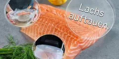 Frischer Lachs liegt bereit zum Auftauen. Eine Zitrone und Dill garnieren die Szene.