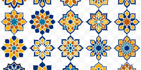 Eine Sammlung von geometrischen, sternförmigen Ornamenten in Blau, Gelb und Braun, die an ein islamisches Muster erinnern.