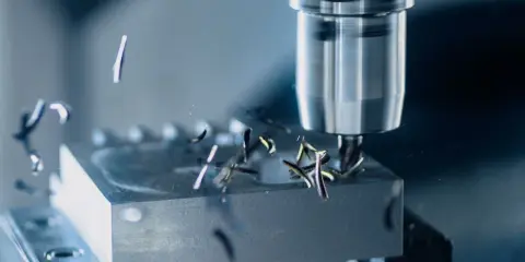 Fresatura di metallo con utensile rotante. Trucioli metallici volano via mentre la programmazione ISO guida la lavorazione di precisione.