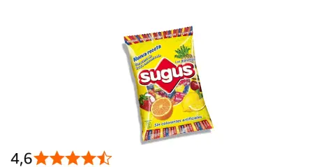 Bolsa de Sugus con frutas (fresa, naranja, limón, cereza, piña). ¡Disfruta de estos dulces que son veganos y sin colorantes artificiales!