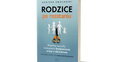 Okładka książki "Rodzice po rozstaniu" z sylwetkami rodziny i nożyczkami. Poradnik dla rodziców, w tym dla macochy z pasierbem, jak budować więzi.