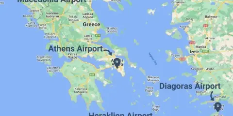 Mapa lotnisk w Grecji: Macedonia Airport, Athens Airport, Diagoras Airport, Heraklion Airport.