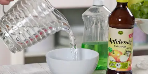 Wasser wird in eine Schüssel gegossen, um eine Fruchtfliegenfalle zu bauen. Apfelessig und Spülmittel sind bereit.