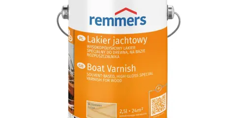 Puszka lakieru jachtowego Remmers do lakierowania drewna, zapewniająca wysoki połysk. Bezbarwny, 2,5l.
