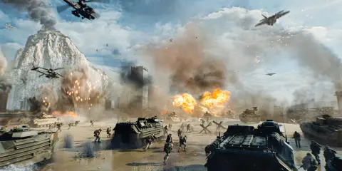 Intensywna bitwa na plaży, czołgi i żołnierze w akcji, helikoptery i myśliwce na niebie. To scena z Battlefield 6.