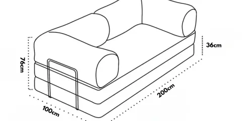 Divano letto con dimensioni indicate: altezza 76cm, larghezza 200cm, profondità seduta 100cm e altezza seduta 36cm.