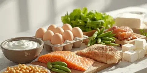 Składniki na dietę wysokobiałkową: łosoś, kurczak, jajka, jogurt, ciecierzyca, fasolka szparagowa, ser feta i sałata.
