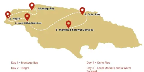 Mapa Jamajki z trasą 5-dniową: Montego Bay, Negril, Ocho Rios. Gdzie leży Jamajka? Na Karaibach.