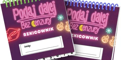 Dwa szkicowniki "Podaj dalej bez cenzury" z neonowymi ustami i płomieniami. Idealne do swobodnych notatek i rysunków.