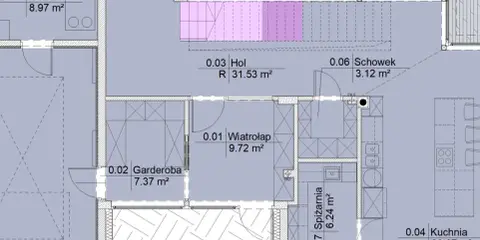 Plan domu z zaznaczonymi pomieszczeniami: hol, garderoba, wiatrołap, spiżarnia, kuchnia, schowek i pomieszczenie techniczne. Całkowita powierzchnia użytkowa domu jest widoczna na planie.